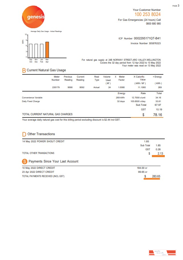 New Zealand Genesis Gas utility bill template in Word and PDF format, 3 pages 2